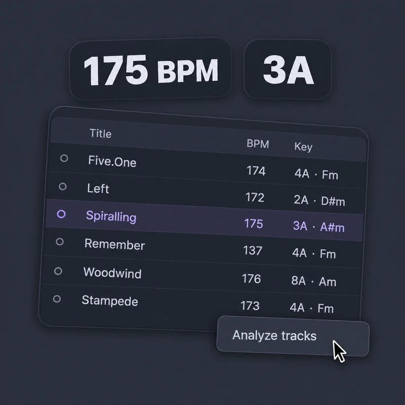 Claimp track analysis showing BPM and Camelot key in a local playlist