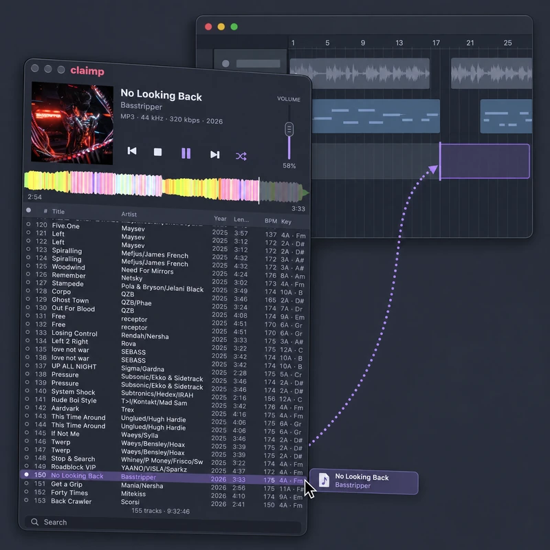 A real audio file dragged from the Claimp playlist into a DAW on Mac